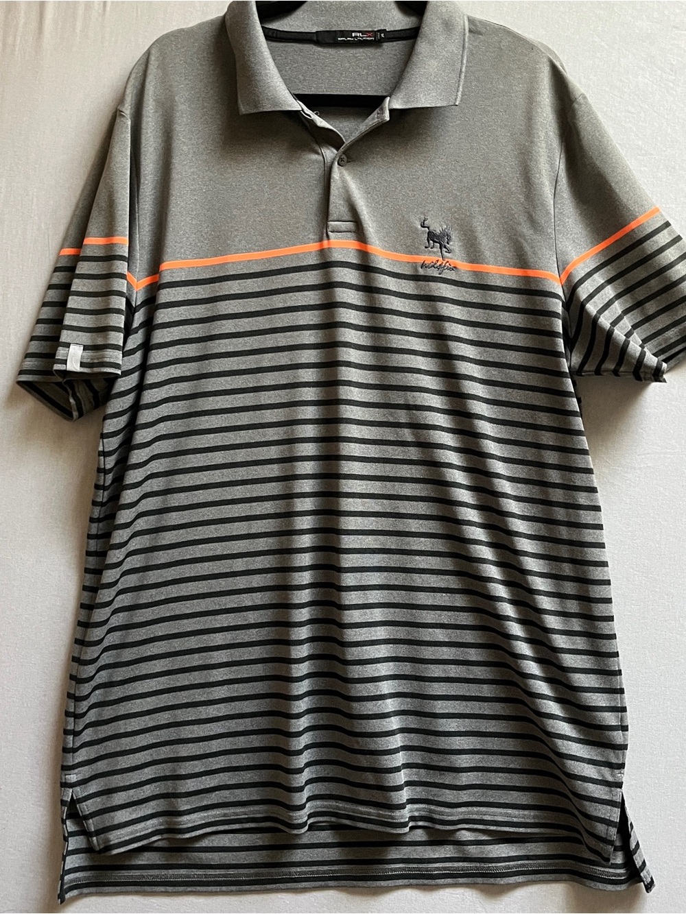 RLX Ralph Lauren Wildfire Grey Striped Polo with Orange Accent XL
